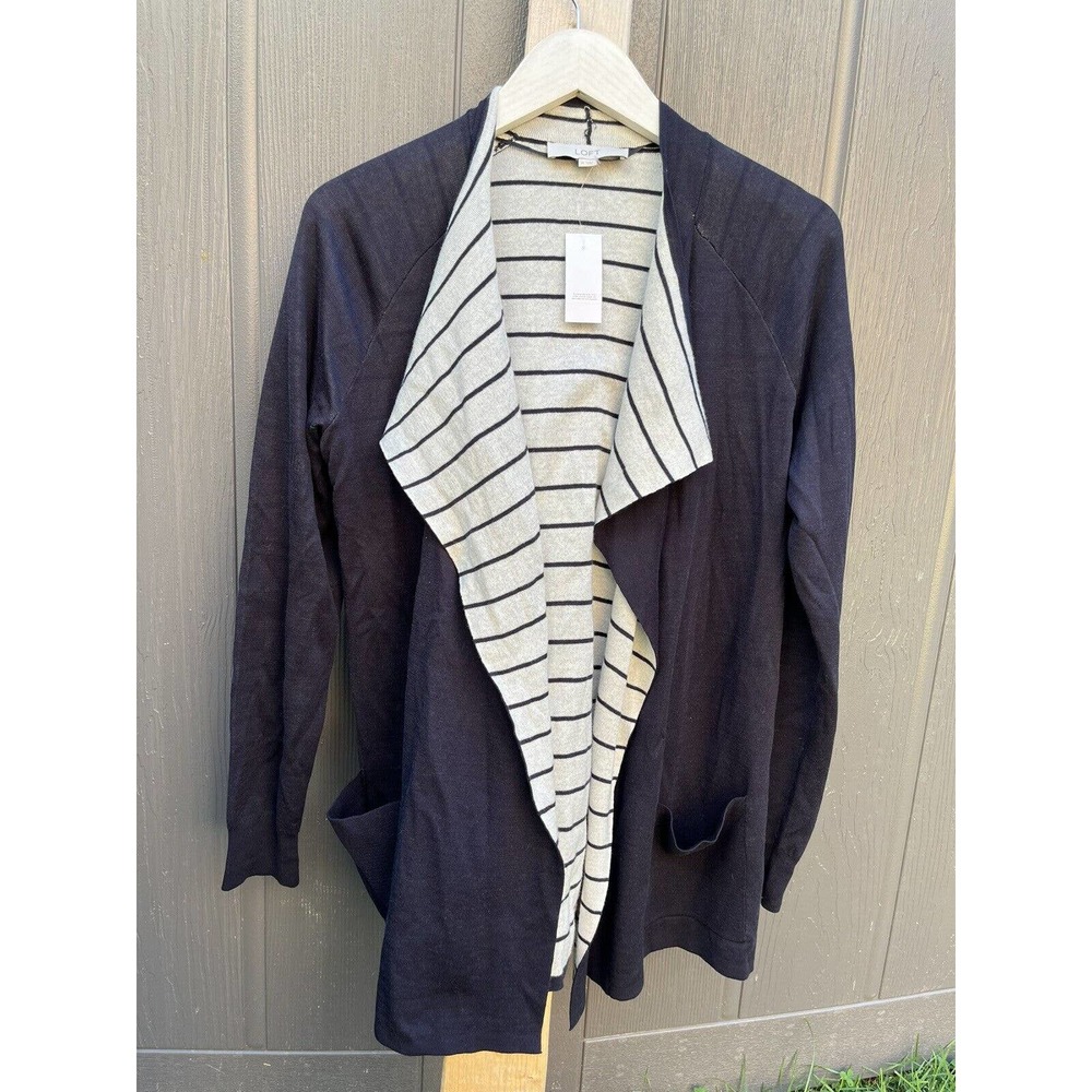 Ann Taylor Loft Open Front Draped Blue Striped Lightweight Knit Cardigan Size M